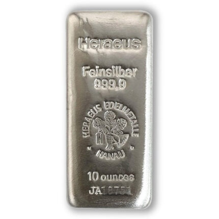 10oz Heraeus Cast Silver Bar - Front - Royal Bull Silver Gold