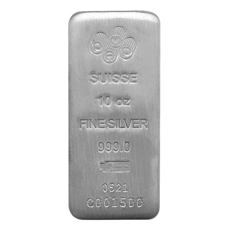 10oz PAMP Cast Silver Bar - Front - Royal Bull Silver Gold