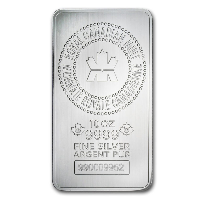 10oz Royal Canadian Mint Silver Bar - Front - Royal Bull Silver Gold