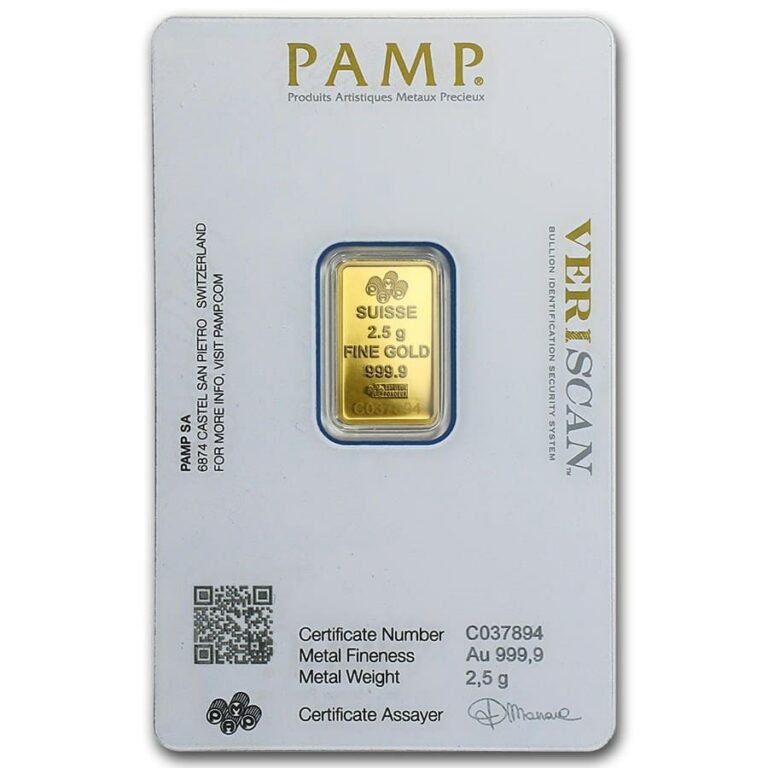 2.5gram PAMP Lady Fortuna Gold Bar in Assay - Royal Bull Mint