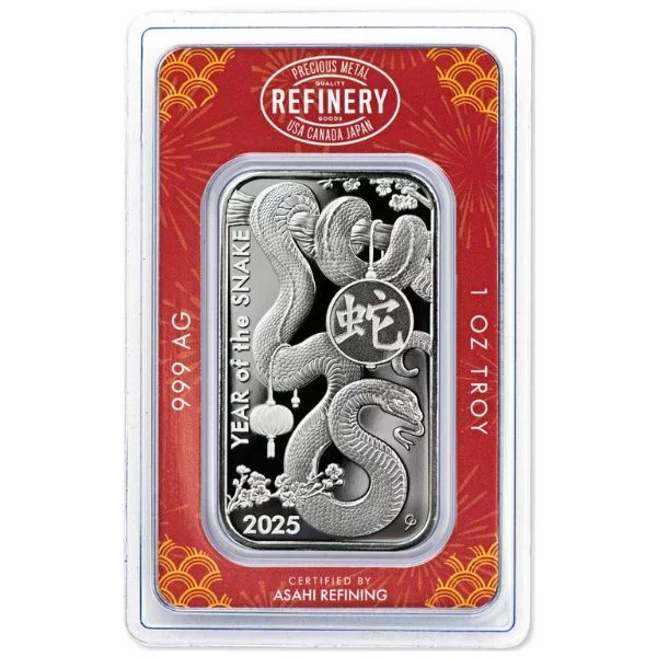 2025 1 oz Lunar Year of the Snake Silver Bar in Assay - Asahi Refining - Royal Bull