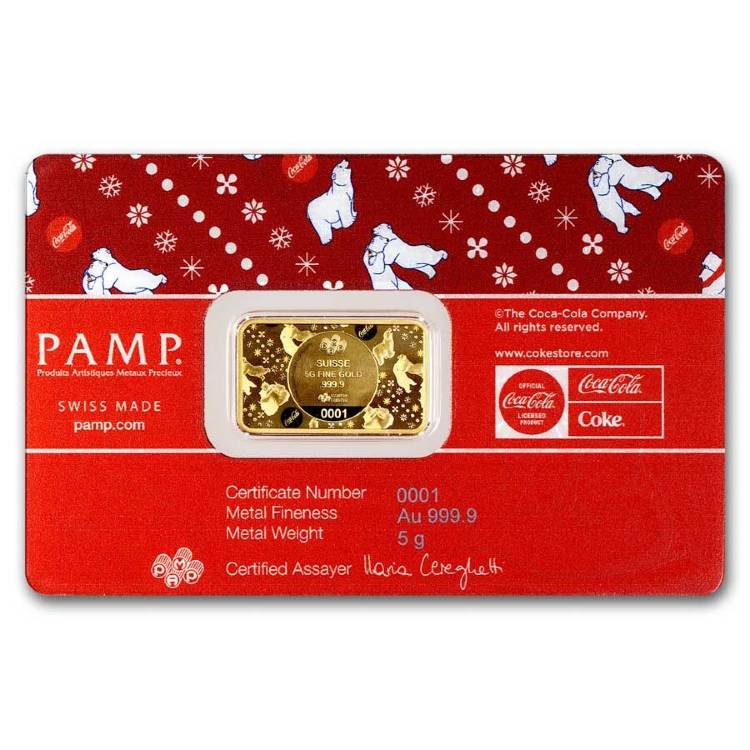 5gram Coca Cola Polar Bear Gold Bar in Assay - PAMP Suisse - Royal Bull Precious Metals