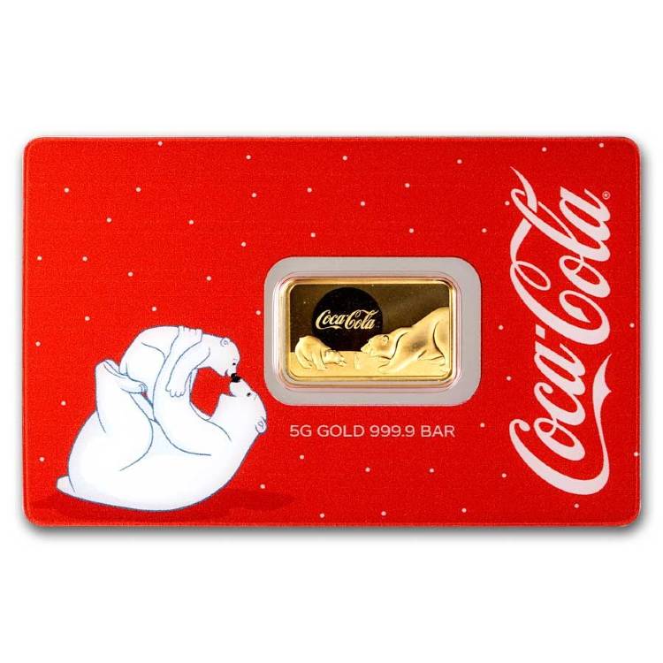 5gram Coca Cola Polar Bear Gold Bar in Assay - PAMP Suisse - Royal Bull Precious Metals