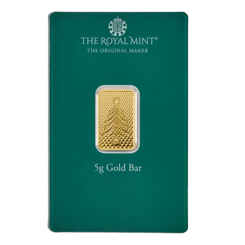 5gram Merry Christmas Tree Gold Bar in Assay - Royal Mint UK - Royal Bull Precious Metals