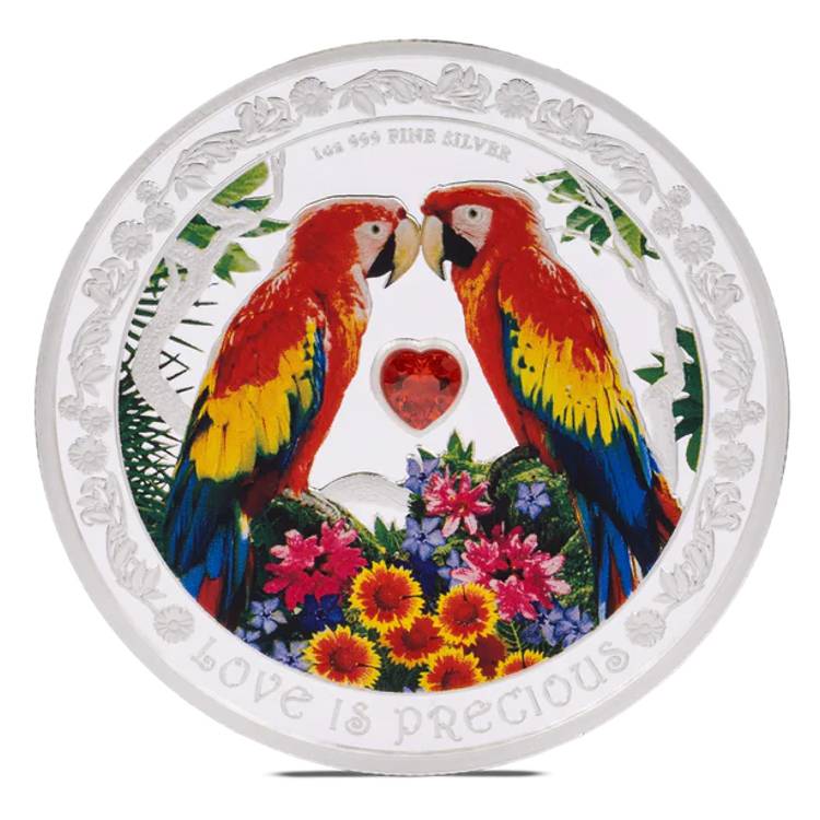 Love is Precious Macaws 1oz Proof Colored Silver Coin - Niue 2024 - New Zealand Mint - Royal Bull Precious Metals Canada