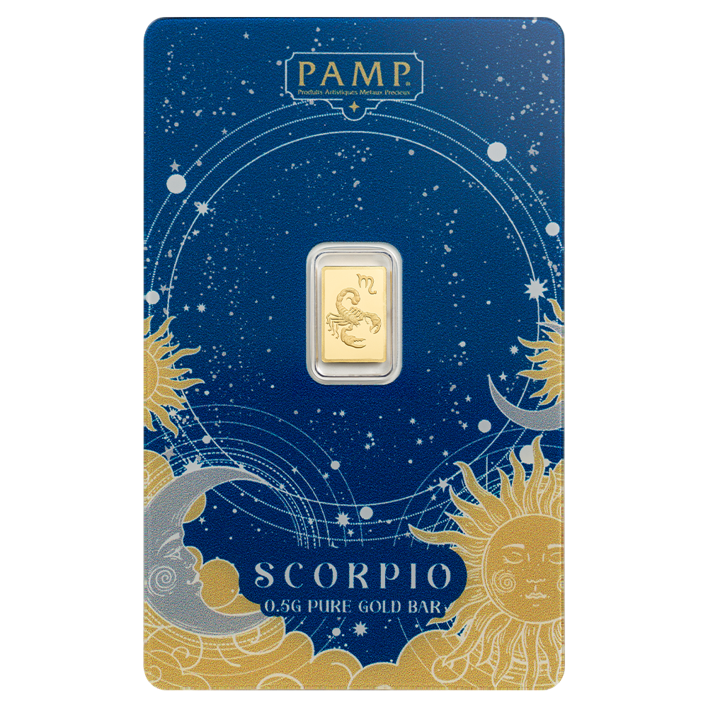 F29A0F4A-3B83-43EA-B03E-D8A2D5262ED6 1/2 Gram Scorpio Zodiac Gold Bar (in Assay) – PAMP Suisse - Royal Bull