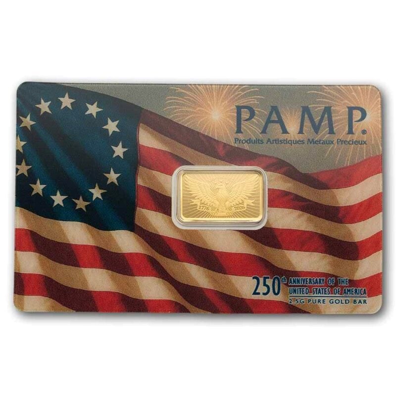 250th Anniversary of the USA 2.5g Pure Gold Bar - PAMP - Royal Bull