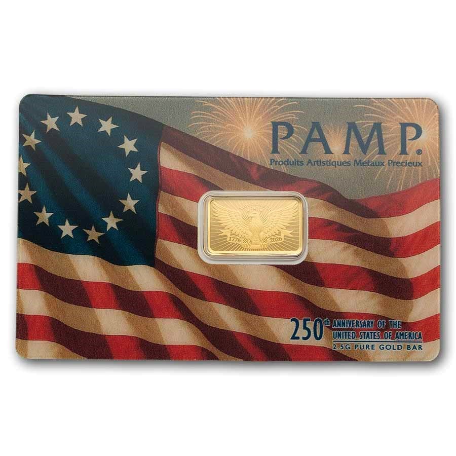 2BE099BD-A844-49F7-9452-2AA6DC0B661C 250th Anniversary of the USA 2.5g Pure Gold Bar - PAMP - Royal Bull
